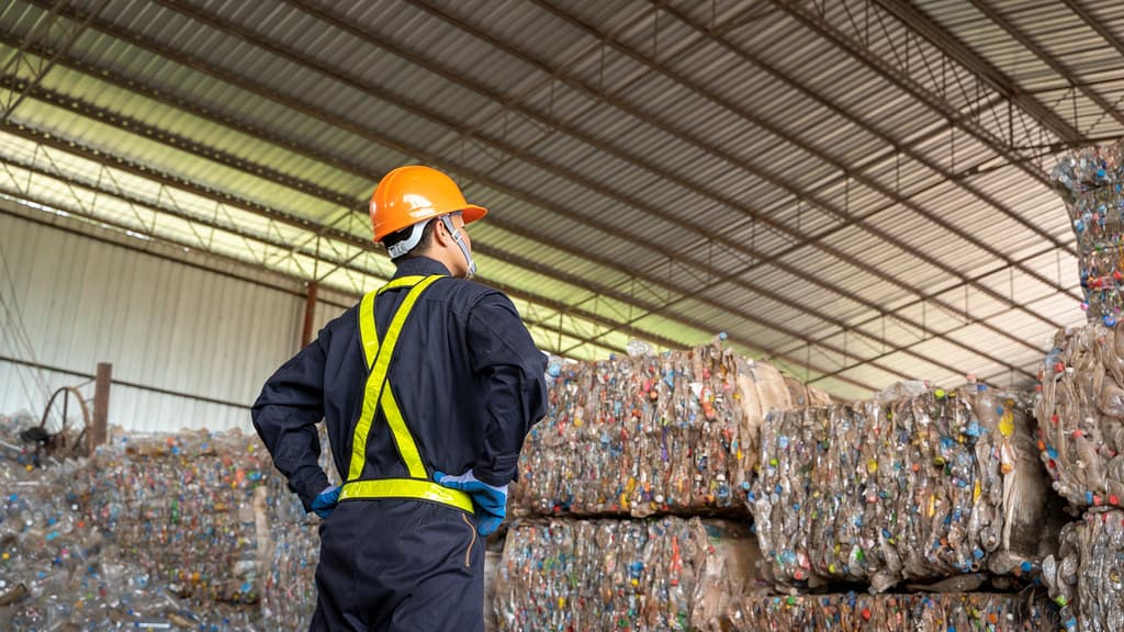 Factory recycling area with baled industrial waste ready for collection